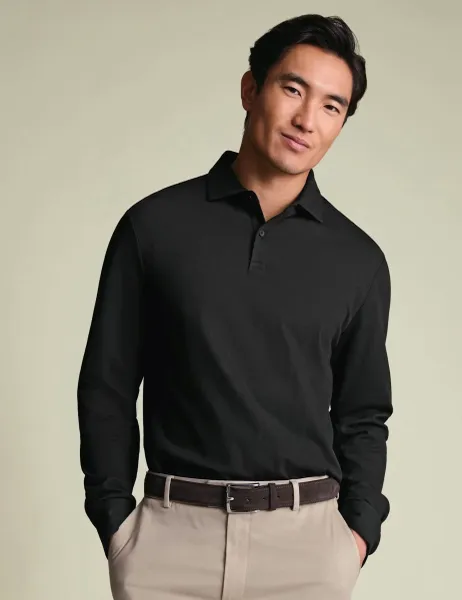Charles Tyrwhitt Cotton Rich Pique Long Sleeve Polo Shirt Black