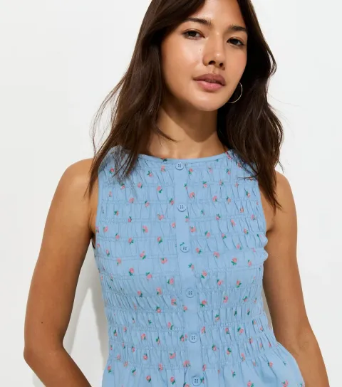 Women's Blue Cotton Floral Shirred Button Sleeveless Top