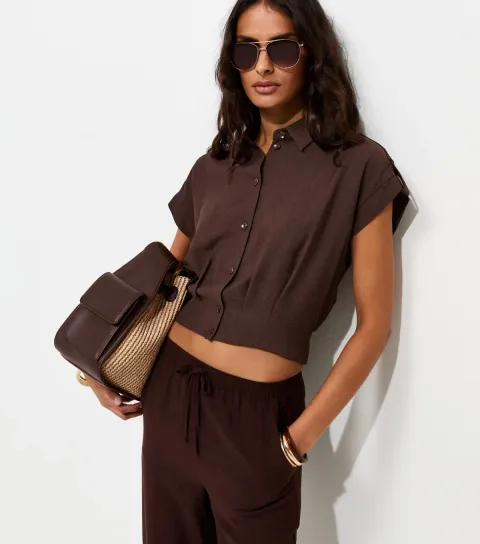 Women's Dark Brown Pleated Short Sleeve Shirt