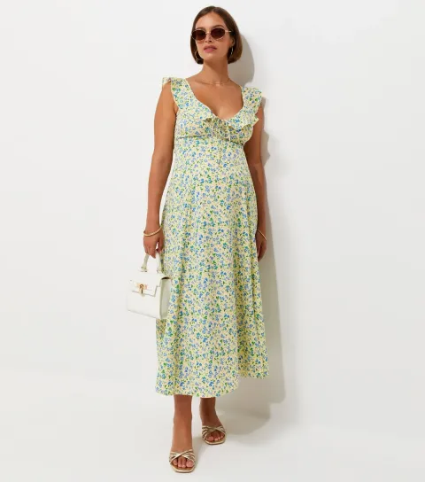 Women's Maternity Yellow Floral Print Crepe Ruffle Trim Midi Dress