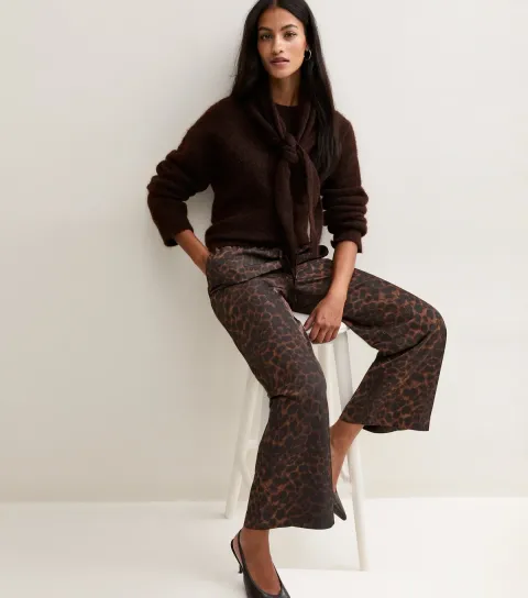 New Look Women's Petite Brown Leopard Print Wide Leg Trousers