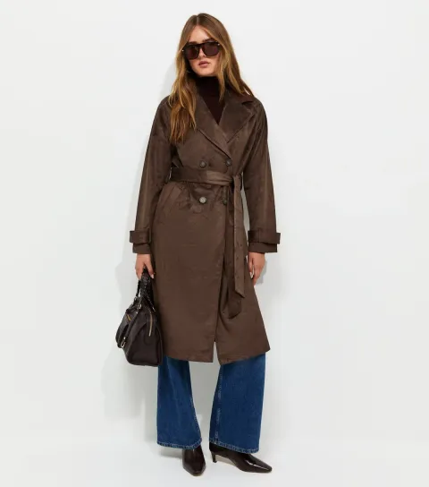 New Look Women's Dark Brown Faux Suede Double Breasted Trench Coat