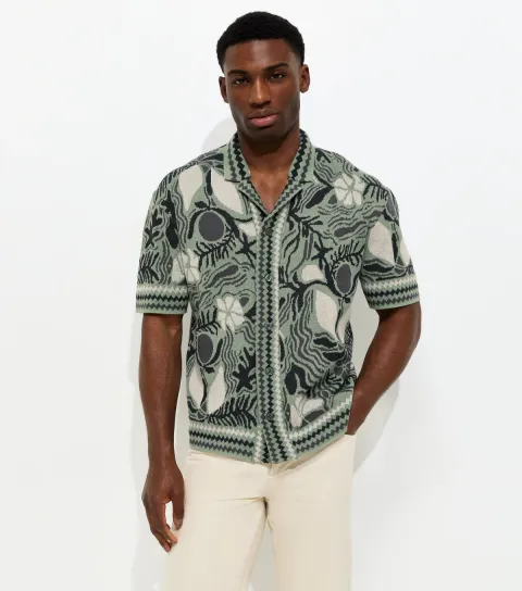 Men's Light Green Relaxed Jacquard Short Sleeve Shirt