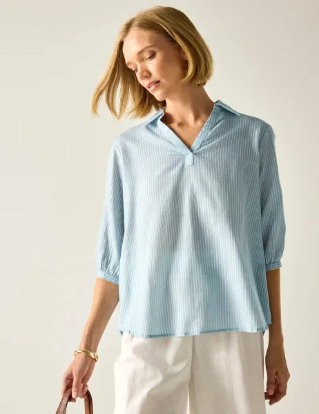 Regatta Nofino Cotton Rich Striped V-Neck Blouse Blue Mix