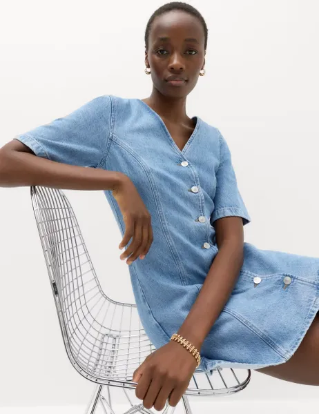 Marks & Spencer Denim V-Neck Button Through Mini Swing Dress Denim