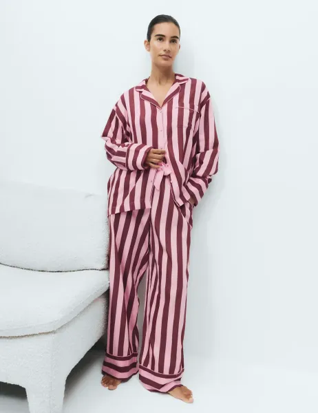 Marks & Spencer Cotton Sateen Stripe Long Sleeve Revere Pyjama Set Pink Mix