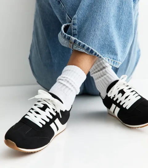 Women's Black Faux Brushed Leather Panelled Trainers Vegan