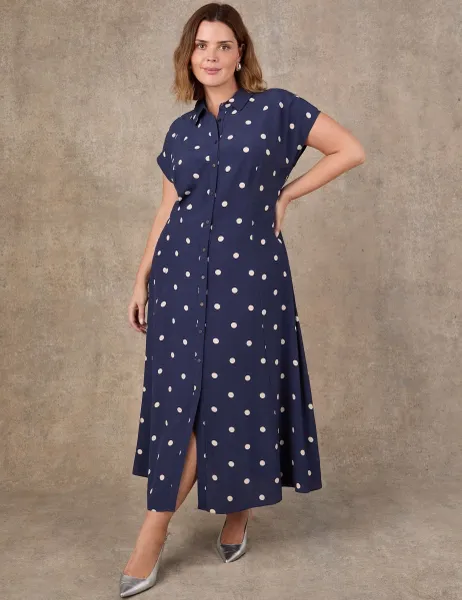 Live Unlimited London Polka Dot Button Through Midaxi Shirt Dress Navy