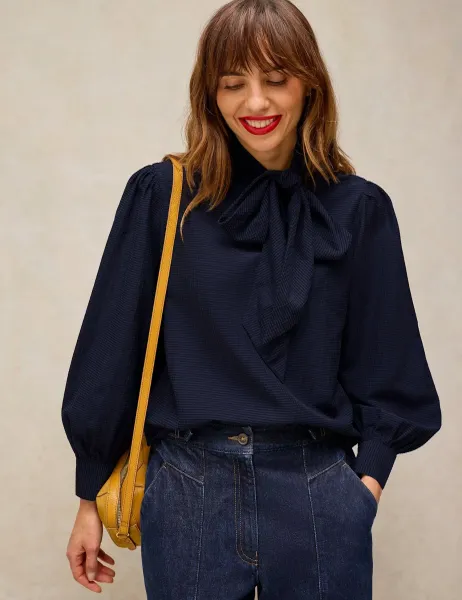 White Stuff Fleur Tie Neck Long Sleeve Cotton Blouse Dark Navy
