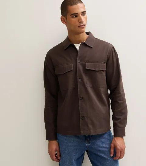 New Look Men's Dark Brown Cotton Twill Flap Pocket Long Sleeve Shirt