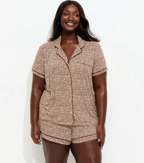 Women's Plus Size Brown Leopard Print Revere Collar Pyjama Shorts Set Curves