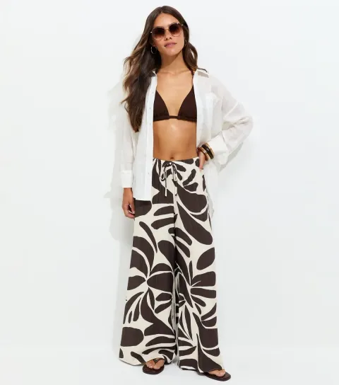 Women's Petite Brown Abstract Flower Print Beach Trousers