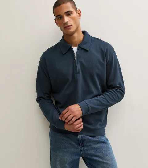 New Look Men's Navy Cotton Rich Textured Relaxed Quarter Zip Polo Sweatshirt
