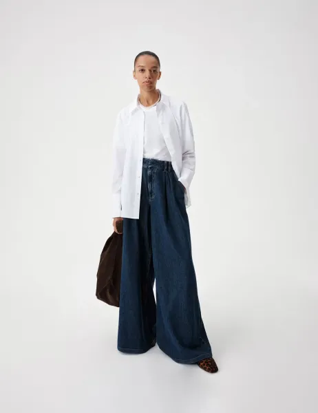 Marks & Spencer Twill Pleated Formal Wide Leg Jean Medium Indigo