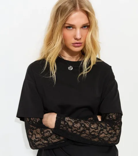 Women's Black 2-In-1 Lace Long Sleeve Top