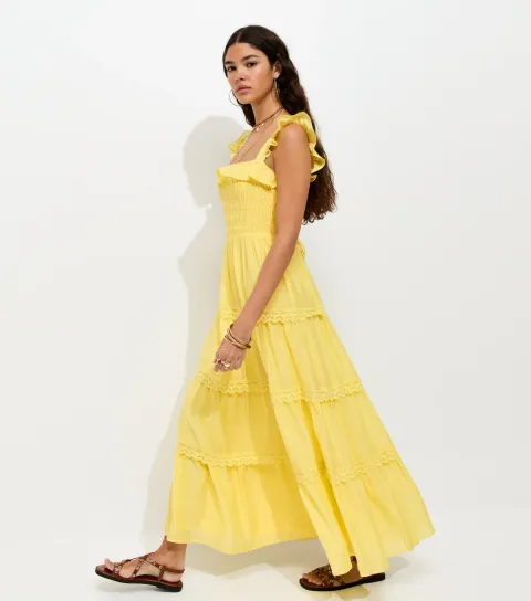Women's Bright Yellow Frilly Trimmed Shirred tiered Maxi Dress