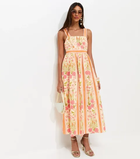 Women's Orange Border Floral Print Midi Dress