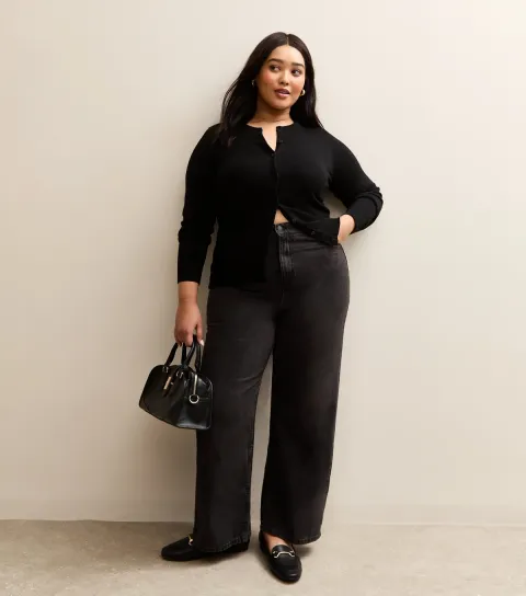 Women's Plus Size Black Elasticated Wide Leg Jeans Curves