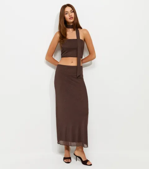New Look Women's Dark Brown Gem Embellished Mesh Midi Skirt
