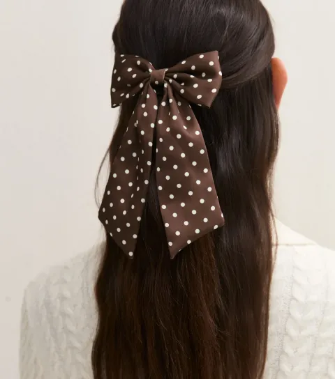 New Look Brown Satin Polka Dot Bow Hair Slide