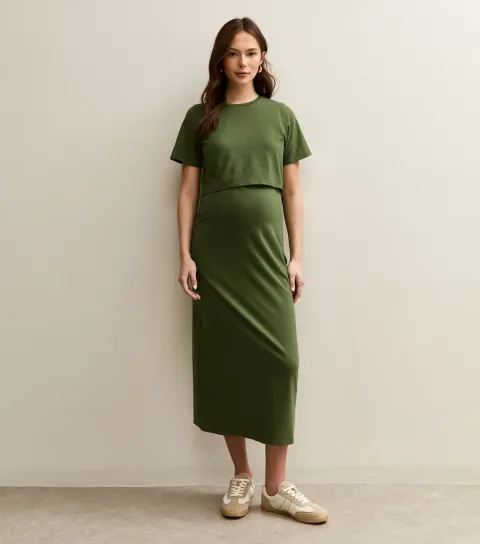 Women's Maternity Dark Khaki Layered Crew Neck Nursing Midi Dress