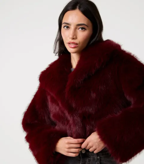 Women's Burgundy Faux Fur Cropped Fur Jacket