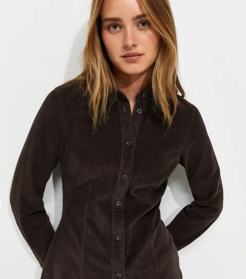 Women's Dark Brown Cotton Rich Corduroy Fitted Shirt