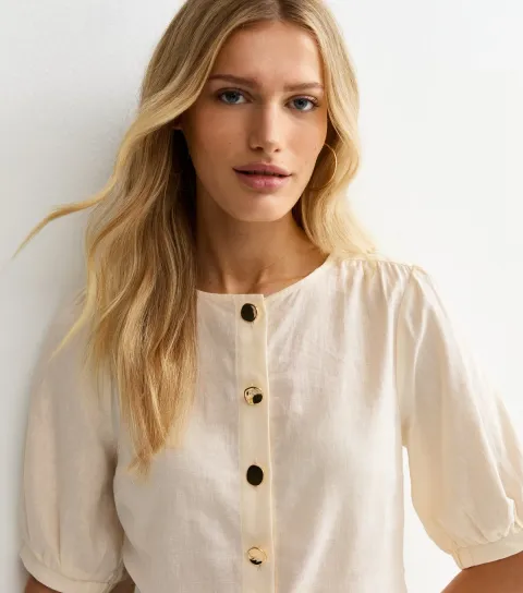 Women's White Linen Blend Gold Tone Textured Button Blouse