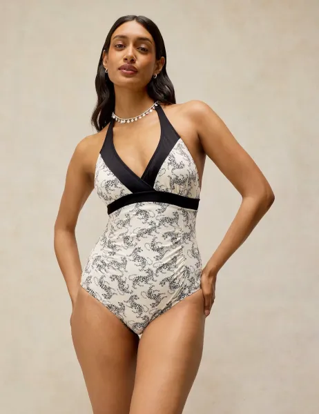 White Stuff Tiger Print Halterneck Swimsuit White Mix
