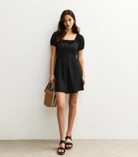 New Look Women's Black Polka Dot Textured Jersey Milkmaid Mini Dress