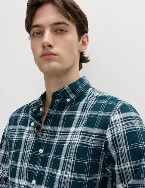 Marks & Spencer Linen Cotton Blend Check Shirt Blue Mix