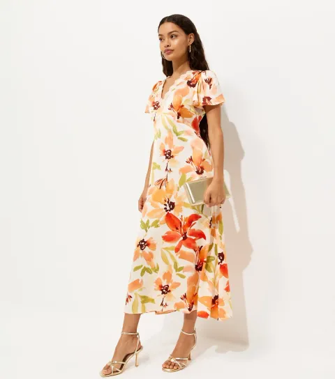 Women's Petite Orange Watercolour Floral Print Flutter Sleeve Midi Dress