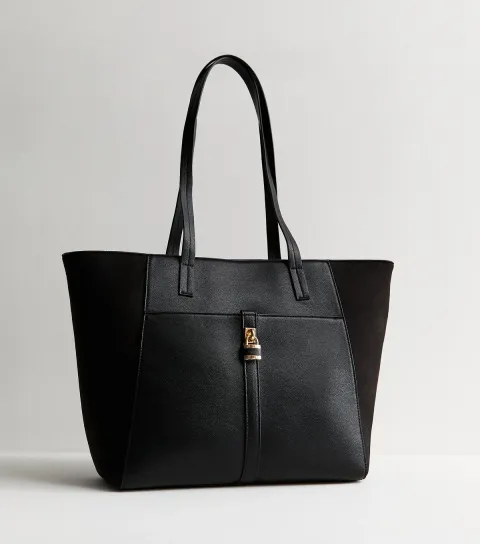 Black Faux Leather Padlock Tote Bag