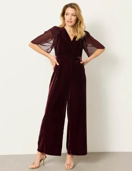 FatFace Velvet Tulip Sleeves Waisted Jumpsuit Burgundy