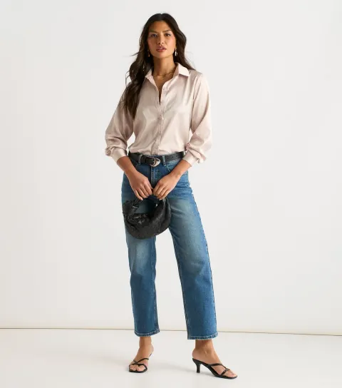 Women's Cream Satin Loose Fit Shirt