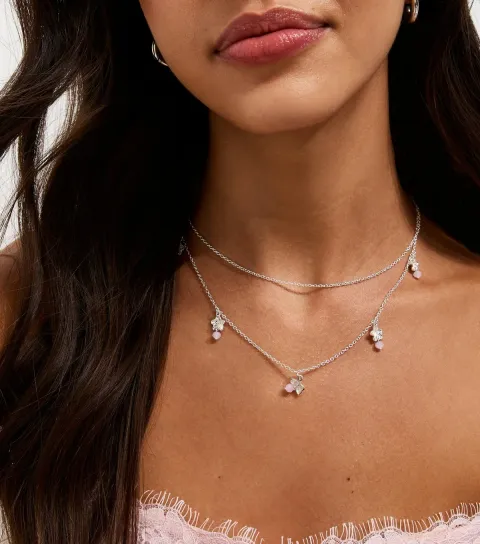 Silver Tone 2 Layer Flower Charm Necklace