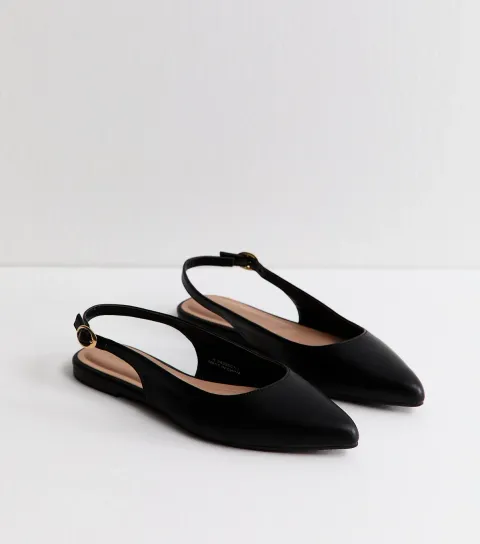 Women's Black Faux Leather Slingback Flat Pumps Vegan