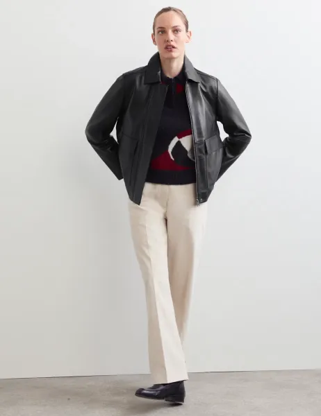 Jaeger Pure Leather Collared Short Jacket Black