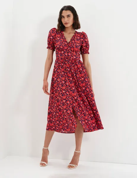 Finery London Floral V-Neck Midi Puff Sleeve Waisted Dress Red Mix