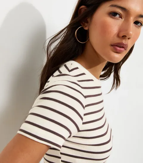 Women's Brown Cotton Rich Striped Crew Neck T-Shirt