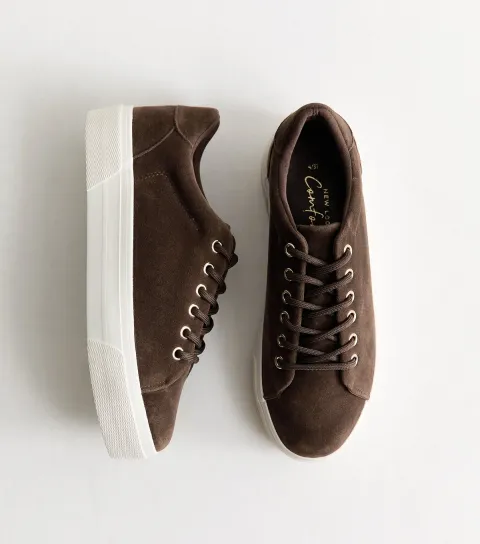 New Look Women's Dark Brown Faux Brushed Leather Lace Up Trainers Vegan