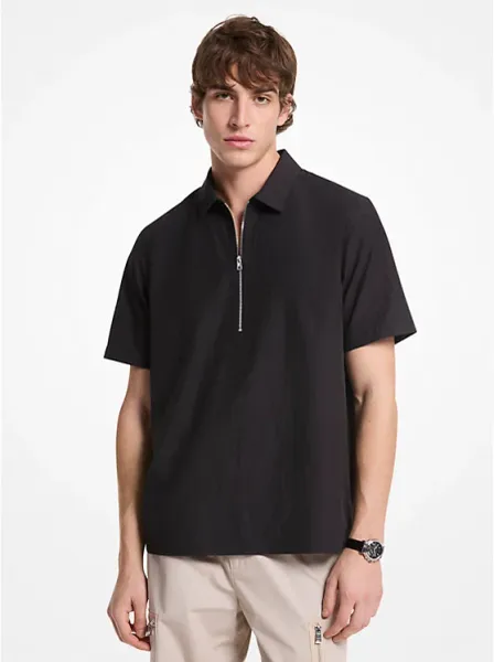 Crinkled Cotton Blend Half-Zip Shirt
