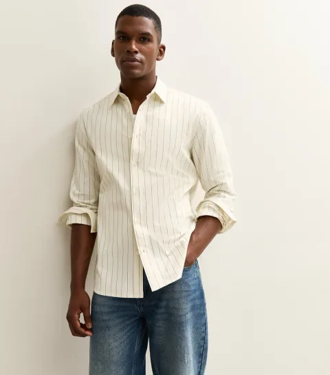Men's Off White Relaxed Fit Fine Stripe Woven Overshirt