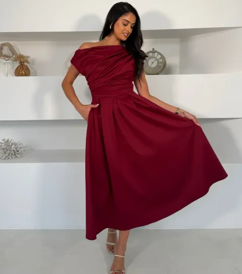 Girl In Mind Women's Dark Burgundy Off The Shoulder Pleated Skirt Midi Dress