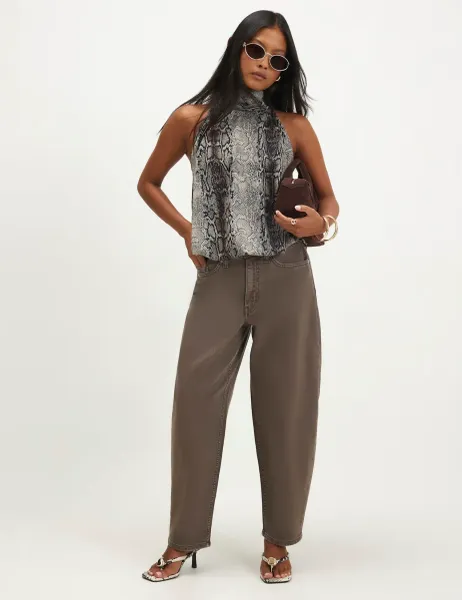 River Island Petite Mid Rise Barrel Jeans Brown
