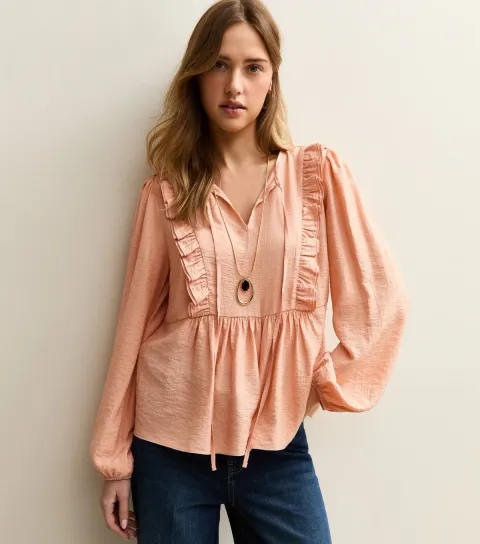 Women's Pink Ruffle Tie Neck Long Sleeve Blouse