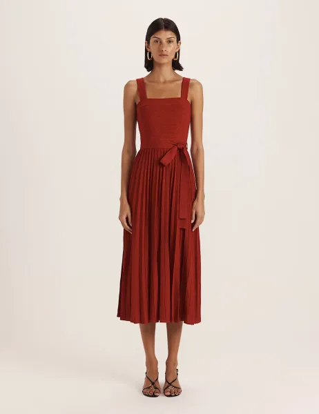 Sparkly Square Neck Belted Midi Skater Dress Dark Red