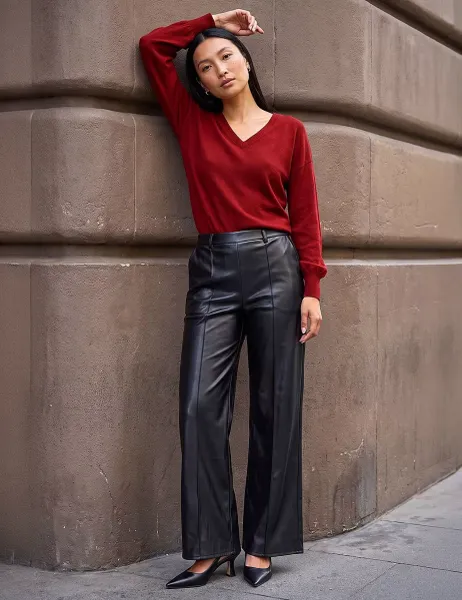 Roman Leather Look Pintuck Trousers Black Mix