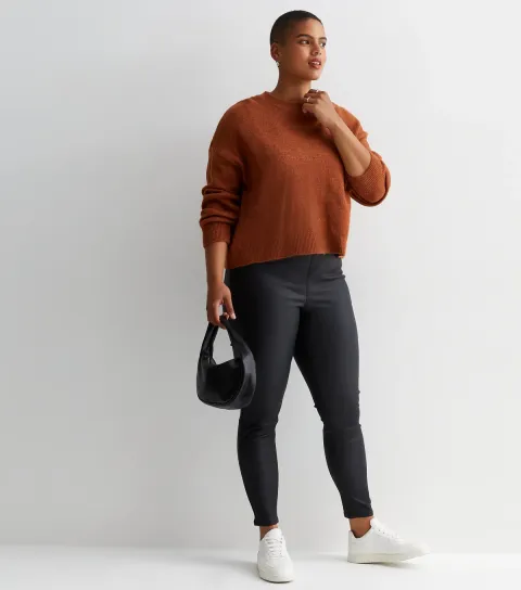 Women's Plus Size Black Coated Leather-Look Mid Rise Lift & Shape Emilee Jeggings Curves