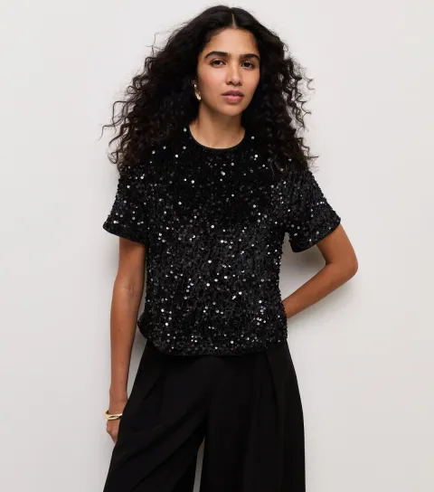 New Look Women's Black Velvet Sequin T-Shirt